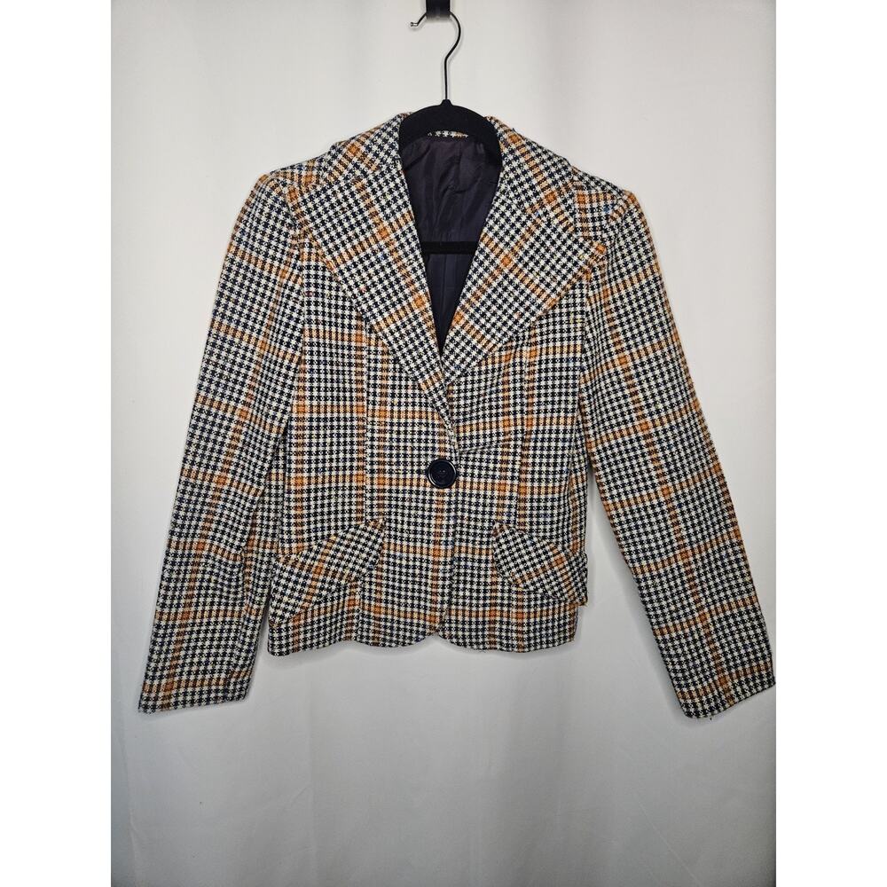 Vintage Women's Plaid Tartan Jacket Blazer Size Small Navy Orange Yellow